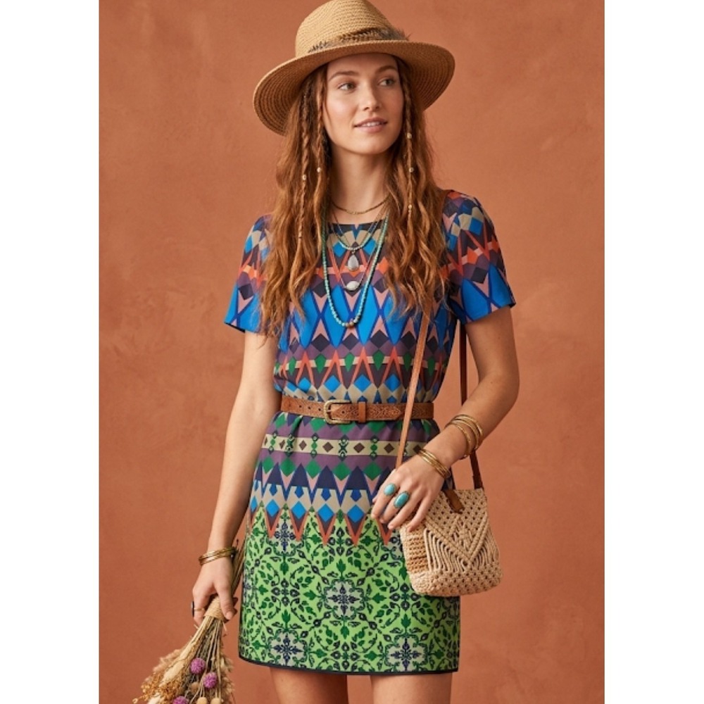 J.Crew Size 2P 100 Silk Geometric Short Sleeve Dress Colorful Mini Summer n4